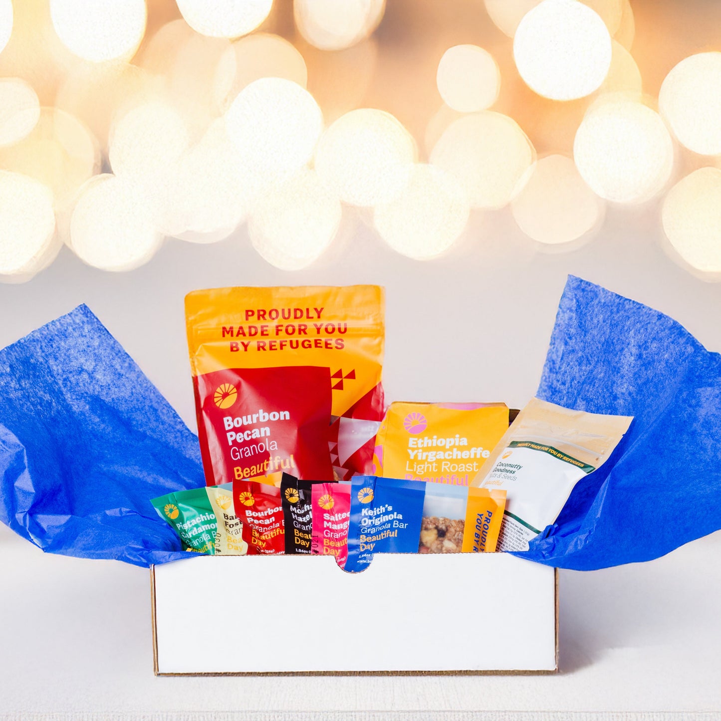 Gift Box - Beautiful Day Sampler (Bourbon Pecan, 6 Bars, Ethiopian Light or Dark Roast Coffee and 1 Coconutty Goodness)