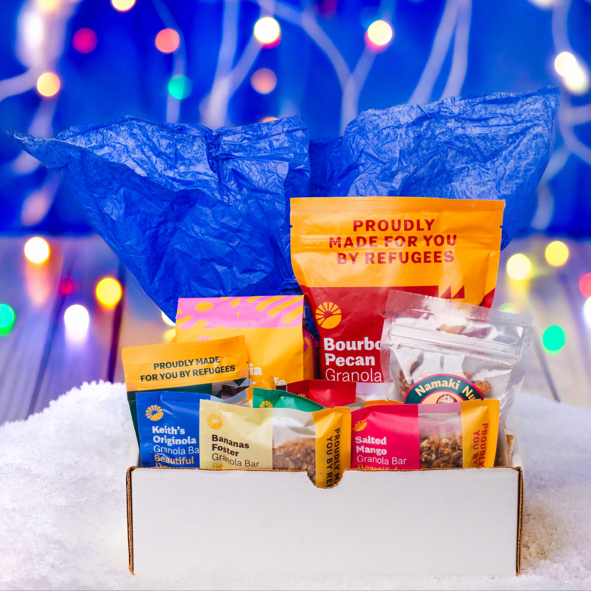 Gift Box - Beautiful Day Sampler (Bourbon Pecan, 6 Bars, Ethiopian Light or Dark Coffee  1 Coconutty Goodness and 1 Namaki nuts)