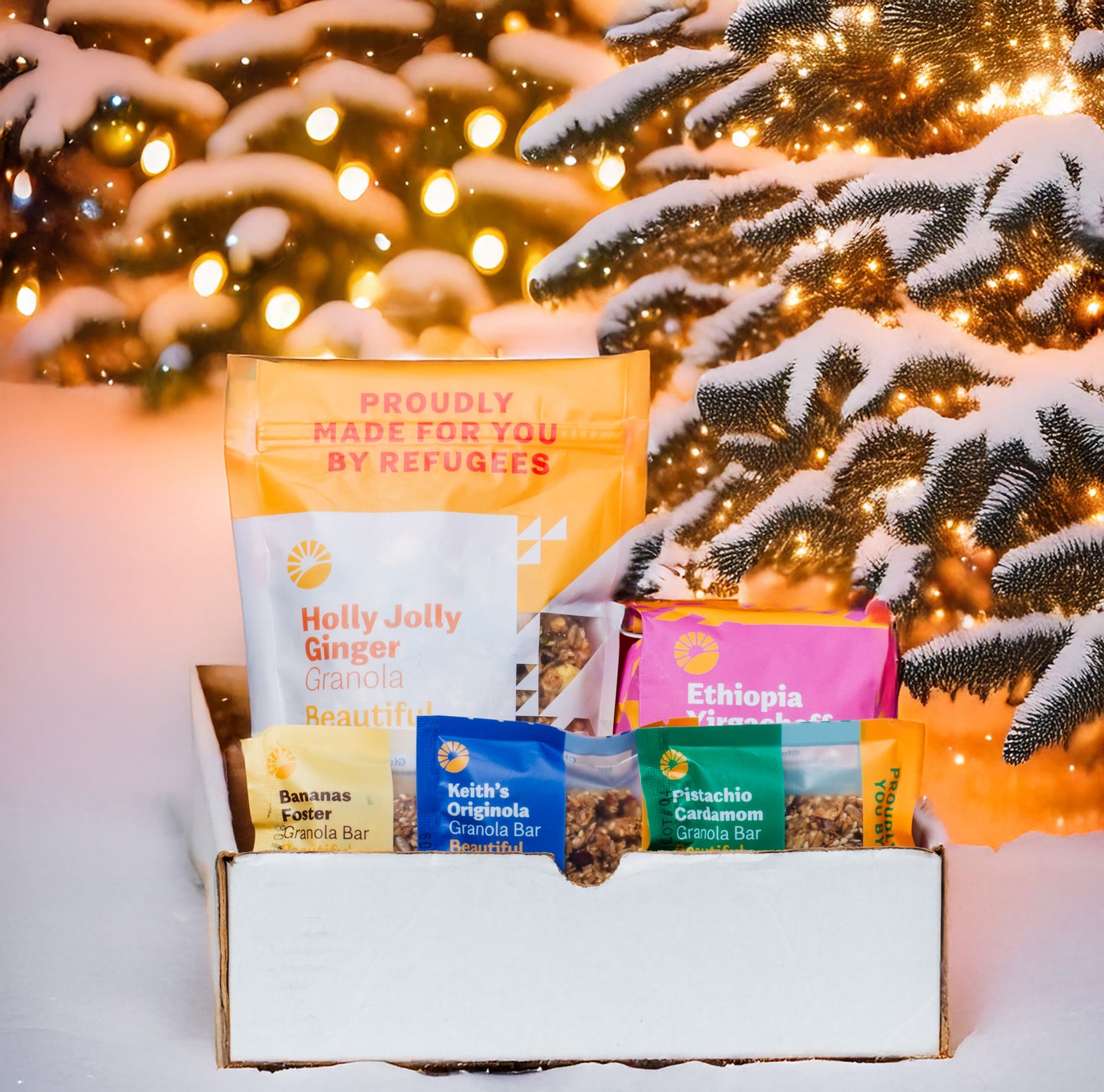 Gift Box - Beautiful Day Sampler (Bourbon Pecan or Holly Jolly Ginger, Ethiopian Light or Dark Roast Coffee and 3 Bars)