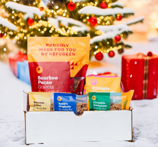 Gift Box - Beautiful Day Sampler (Bourbon Pecan or Holly Jolly Ginger, Ethiopian Light or Dark Roast Coffee and 3 Bars)